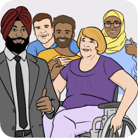 Group of people, including from minorities and on a wheel chair